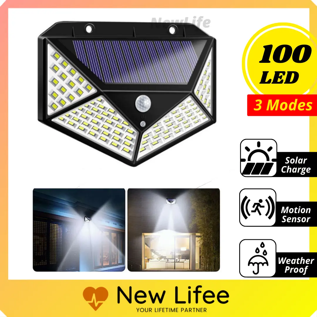 100 LED 3 Modes Solar Light PIR Motion Sensor Light Lampu Solar Waterproof Outdoor Gardening Path Street Wall Lamp