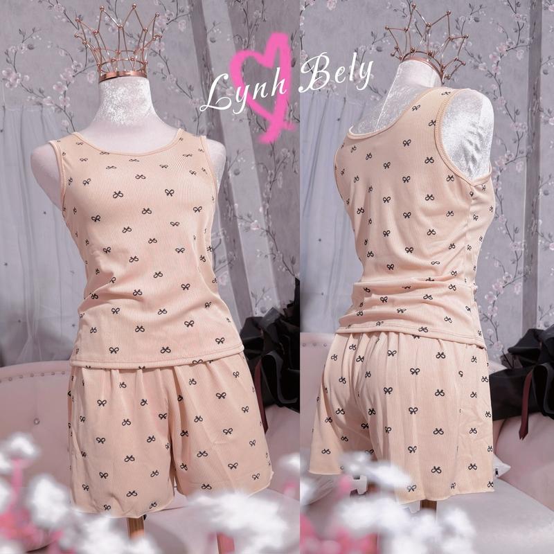 Đồ bộ thun tăm lạnh áo cánh quần đùi in nơ mặc nhà freesize dưới 55kg