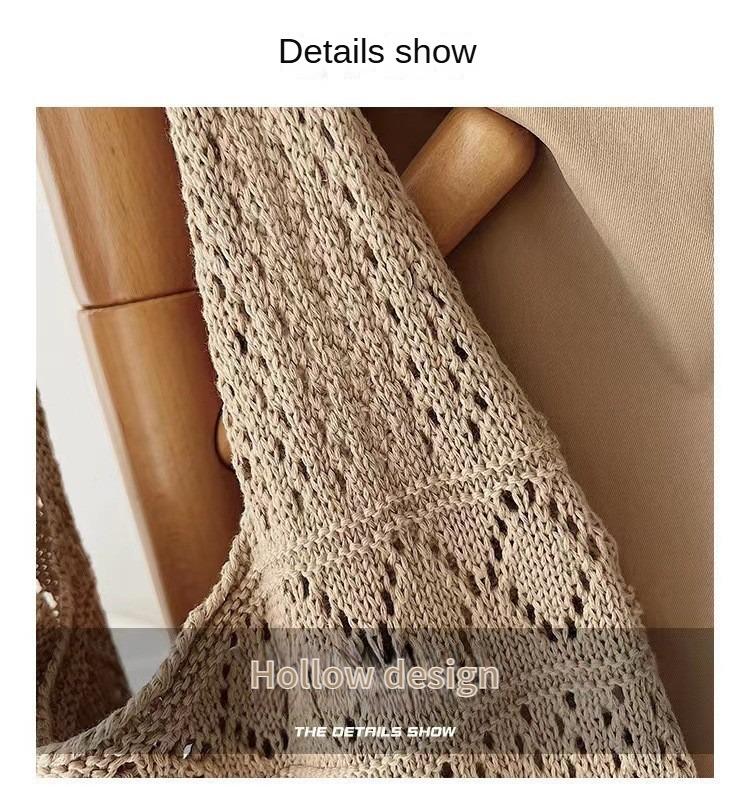 Product Introduction of Woven Bag Tote Bag Vintage Hollow Knit Bag Simple Bags Niche Unique Handbag Women's Bag Solid Color Campus Shoulder Bag good  totes  croissant  bag 8