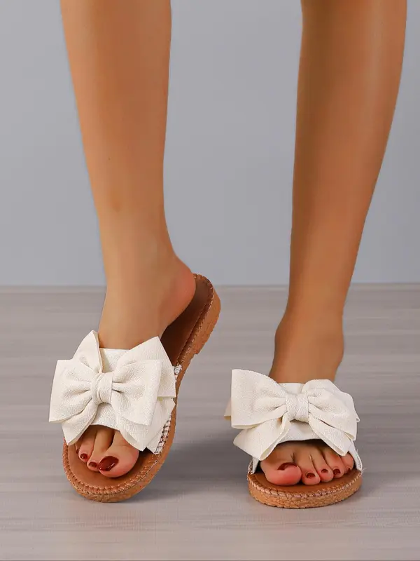 Women's Cute Bowknot Design Slip-on Sandals, Flat Shoes Sandals, Leather Sandals, Soft Non-slip Brown Slide Sandals for Summer 2025, Fashion Round Toe Flat Sandals for Daily Wear, Comfort Shoe, Ladies Sandal 4