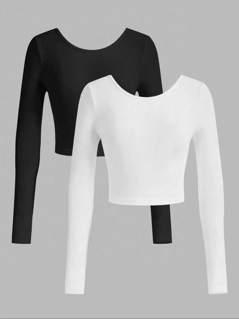 Product Introduction of Women's Solid Backless Scoop Neck Crop Top, Casual Fashion Cozy Long Sleeve T-shirt for Daily Outdoor Wear, Ladies Clothes for All Seasons, Clothing 2