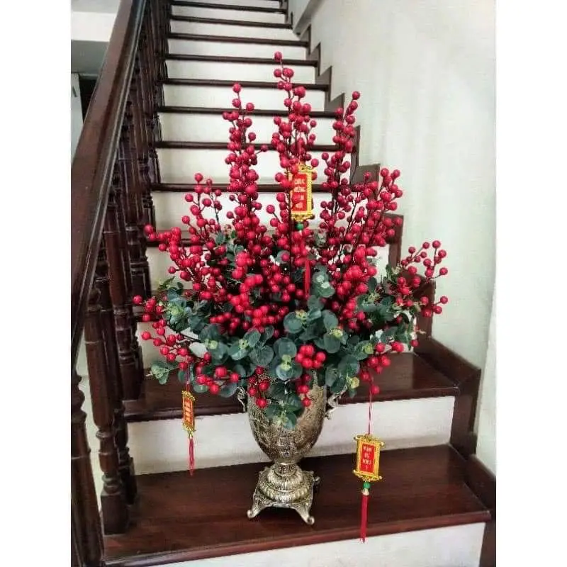 [Tặng bình] Cành đào đông đỏ 12 nhánh 90cm Decor phòng, Trang trí  + bình nhựa giả gốm kích thước 23 x 10cm - Trang Trí Nhà, Phòng Khách Len 6