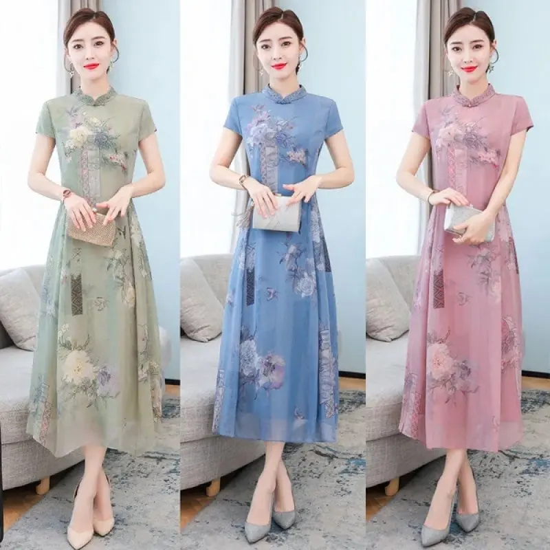 Sườn Xám Nữ Trung Niên Phiên Bản Cải Tiến Cho Quý Cô Và Mẹ Giàu Có, Váy Ngắn Tay, Thanh Lịch Và Hợp Xu hướng, Phong Cách Mới Mùa Hè Năm 2025