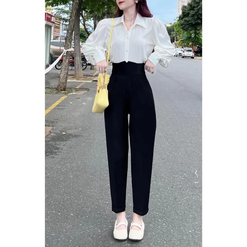 Quần Tây Nữ Cạp Cao Cạp V Dáng Baggy Đi Học Màu Đen Chất Vải Tuyết Mưa Mềm Dày Dặn Pants Jean Women Ong 2