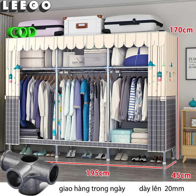 【Giao hàng trong ngày】LEEGO Tủ quần áo 110/130/150/170/195cm vải tủ quần áo trẻ em kích thước ống thép 23MM Các khớp hợp kim chắc chắn và bền