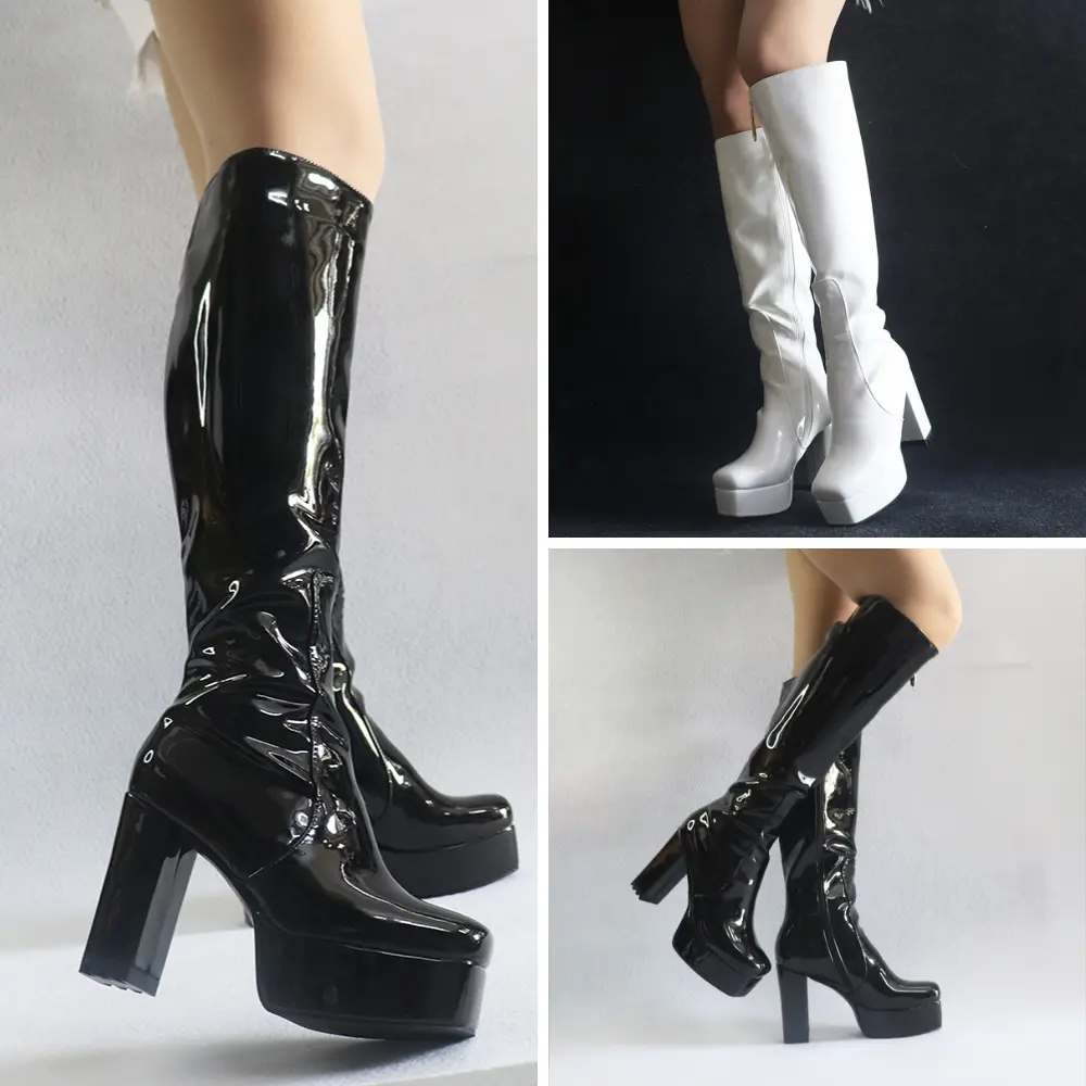 Giày boot nữ cổ cao ngang gối đi tiệc, biểu diễn, boot dancer DA BÓNG gót vuông 12cm mũi vuông ĐỘC ĐÁO GCC20 Shoes Bốt