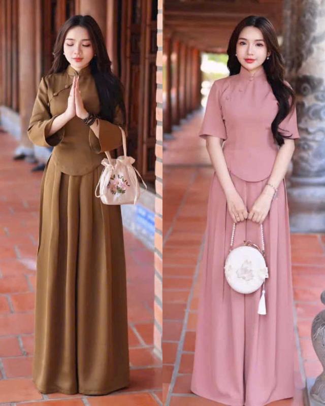 sét đồ bộ lam đi chùa áo cổ tàu tay lỡ cài nút bộc phối quần dài xòe ống rộng chất tuyết nhung 2 màu như hình thích hopwj đi chùa đi lễ mặc tết vvv Top