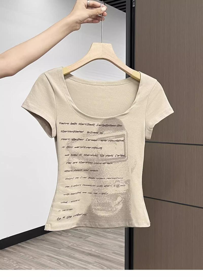 Product Introduction of Áo thun ngắn tay kiểu dáng cổ điển kiểu Mỹ mùa hè dành cho nữ, dáng ôm, kiểu dáng ngắn, lộ xương quai xanh, hot girl cổ chữ U to trong sáng 2