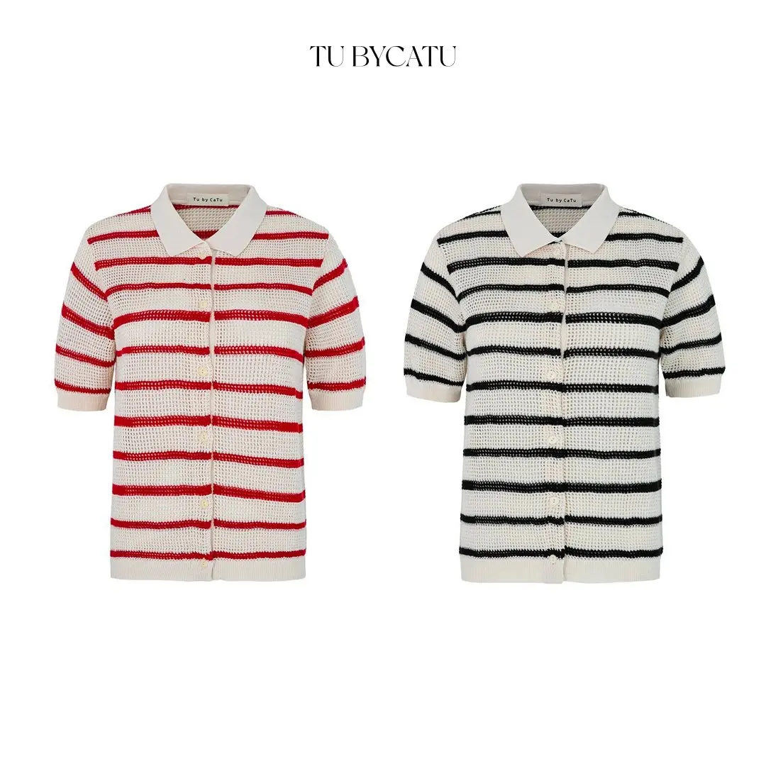TUBYCATU | Áo polo kẻ sọc đỏ/ đen gài nút