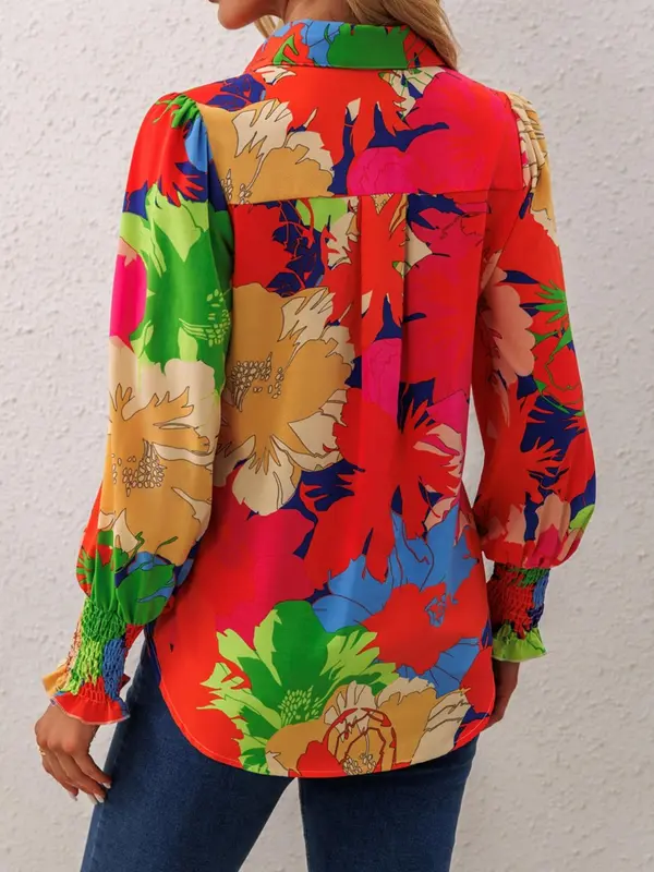 Women's Floral Print Button Front Shirred Blouse, Trendy Casual Long Sleeve Collared Top for Daily Wear, Ladies Clothes for All Seasons 1