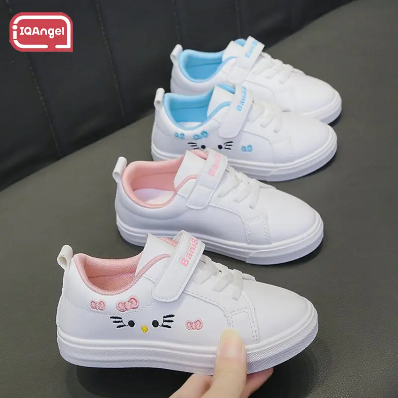 รองเท้าผ้าใบเด็ก iqangel สำหรับเด็กผู้หญิง เหมาะสำหรับนักเรียน รองเท้ากีฬาลำลอง รองเท้าสีขาว รองเท้าเด็กยาว เหมาะสำหรับนักเรียนชั้นประถมศึกษา รองเท้าสเก็ต สำหรับเด็ก