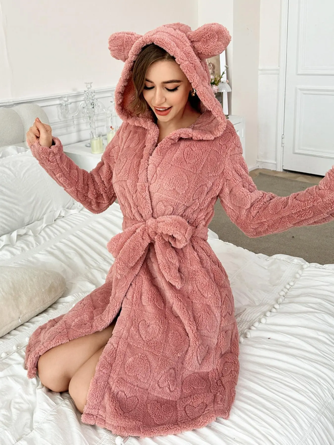 Women's Solid Color Bear Ears Design Hooded Bathrobe, Casual Long Sleeve Belted Warm Flannel Robe, Ladies Sleepwear for Fall & Winter