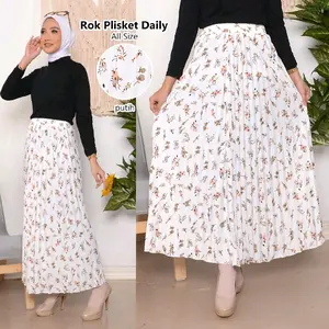 ROK PLISKET PANJANG MOTIF DAILY BAHAN HYGET PREMIUM karet melar nyaman  wanita  bawahan  cewek  kotak  belah samping  pendek  variasi Baju  Hitam Katun Santai Dewasa Katun Santai Cantik Bunga Floral Flowy Tebal