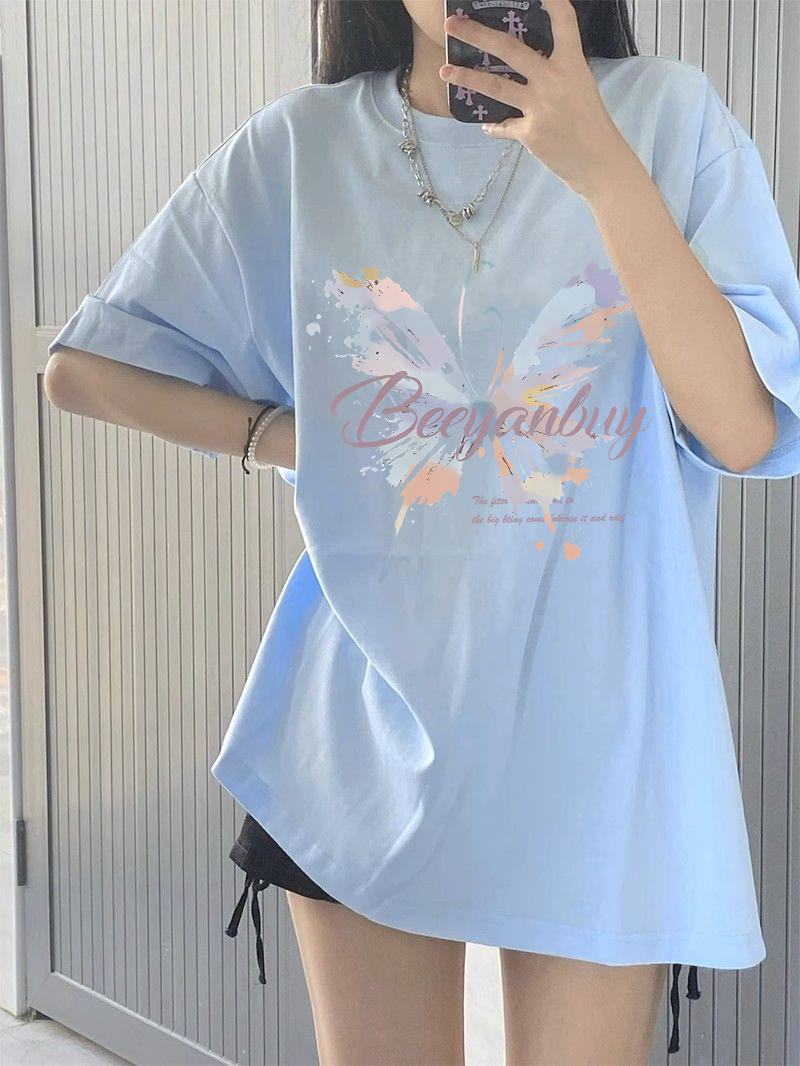 Product Introduction of 2024 Summer New Products in Stock Butterfly Print Short-Sleeved T-shirt Women's Loose All-Match Korean Style Tummy Hiding 8