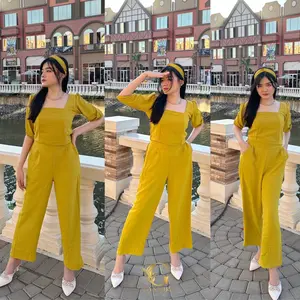 Gystore Veronica Set Crop Wanita Polos atasan celana Crinkle Panjang Setelan Airflow