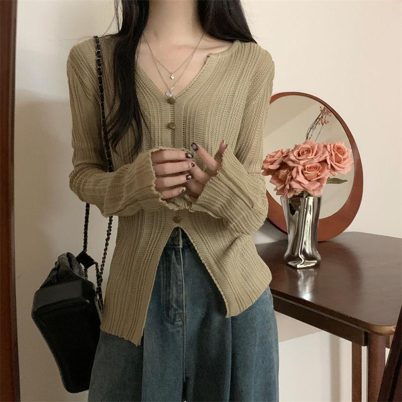 Áo Lớp Nền Dệt Kim Maillard Cổ Chữ V Xẻ Tà, Màu Nâu, Dài Tay, Dành Cho Nữ, Bộ Sưu Tập Mùa Xuân, Thiết Kế Đẹp, Có Thể Mặc Bên Trong Áo Cánh 4