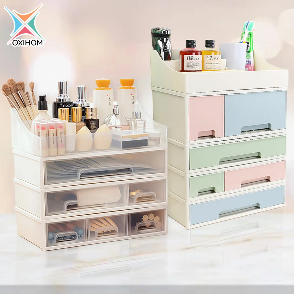 Oxihom Laci Lemari Plastik Susun Tempat Kotak Penyimpanan Drawer Storage Stackable Desktop Organizer Mainan Pakaian