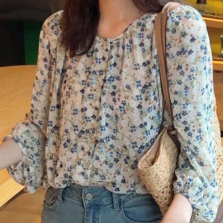 Áo Sơ Mi Hoa Dài Tay, Phong Cách Đất Bị Bỏ Rơi, Ngọt Ngào Và Tự Nhiên, Thời Trang Hồi Giáo, Phong Cách Hàn Quốc, Thanh Lịch, Ngoại Cỡ, Thường Ngày Và Dáng Rộng Vừa Vặn, Áo Tay Bong Bóng 2
