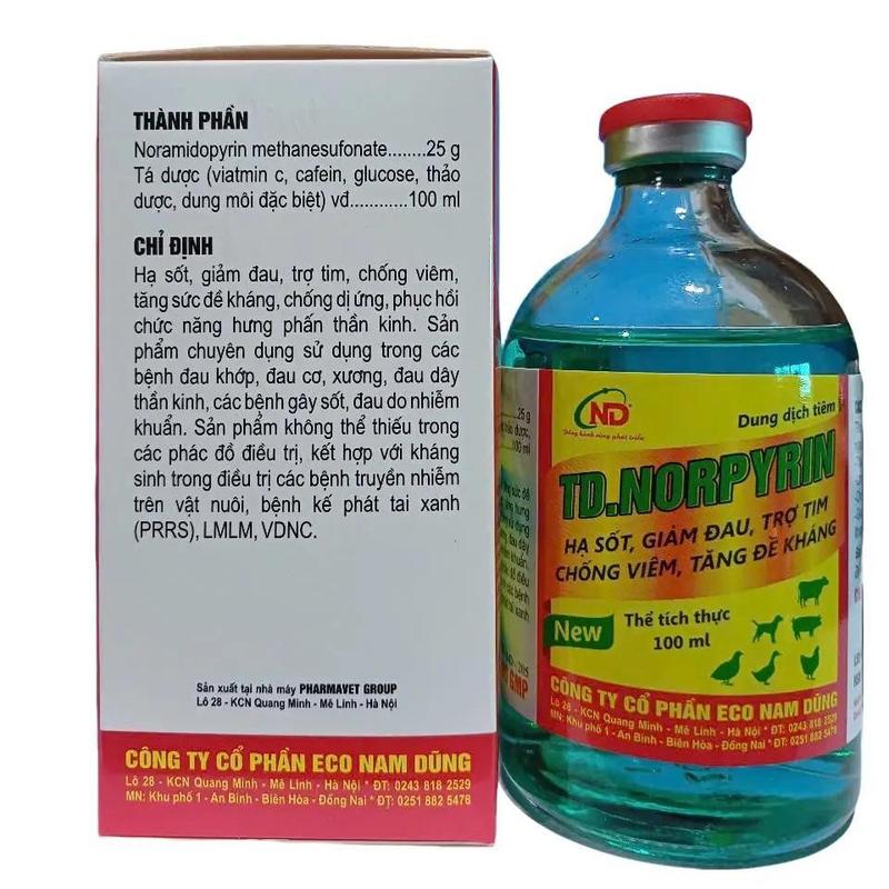 TD.NORPYRIN- Hạ sốt, giảm đau, giảm đau, tẹo tim, chống viêm, tăng đề kháng cho vật nuôi. Dạng dung dịch 2