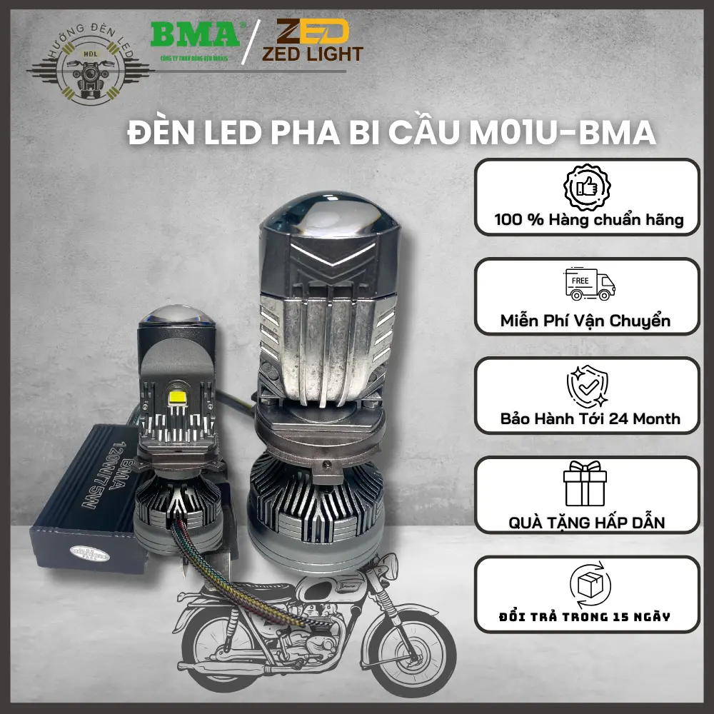 [CHUẨN HÃNG BMA] Pha led bi cầu M01U-R05 công suất tubo 120W với 24 nhân led siêu sáng chân H4 cho Oto, xemay. Đèn Phụ Tùng