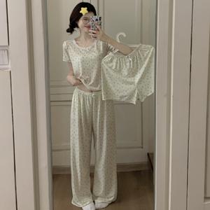 Set Piyama, 3 Helai, Pakaian Musim Panas Wanita, 2025, Bahan Sutera Ais, Lengan Pendek Berusuk, Seluar Pendek dan Seluar, Pakaian Rumah Penyejuk Gaya Korea, Sesuai untuk Tidur dan Ruang Rehat Cuaca Panas