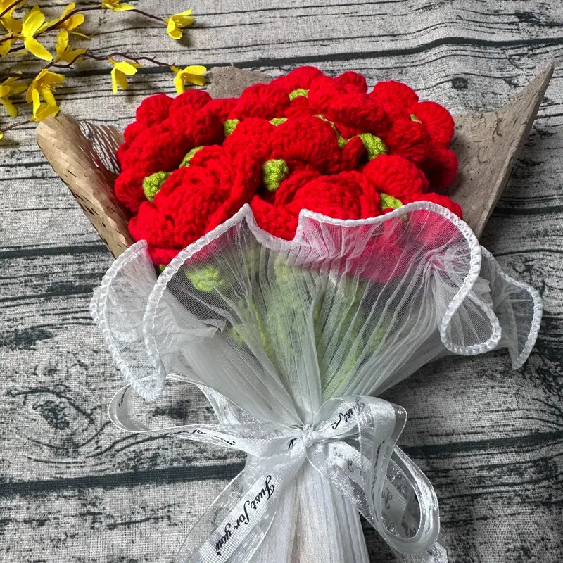 Crochet Rose Bouquet, 1 Count Artificial Flower Bouquet, Decorative Flower for Home Living Room Bedroom Dining Room Wedding Party, New Year Gift, Valentine's Day Gift 7