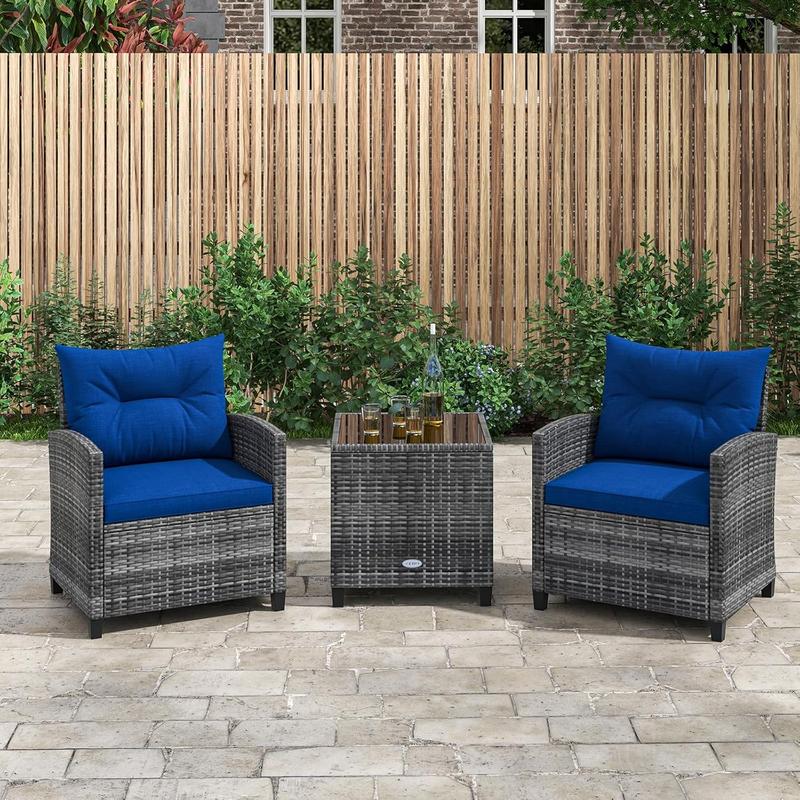 3 Pieces Outdoor Rattan Bistro Set, Patio Wicker Conversation Furniture Set with Cushions & Tempered Glass Tabletop, Metal Frame Garden Conservatory Sofa Table for Porch Balcony (Navy) 6