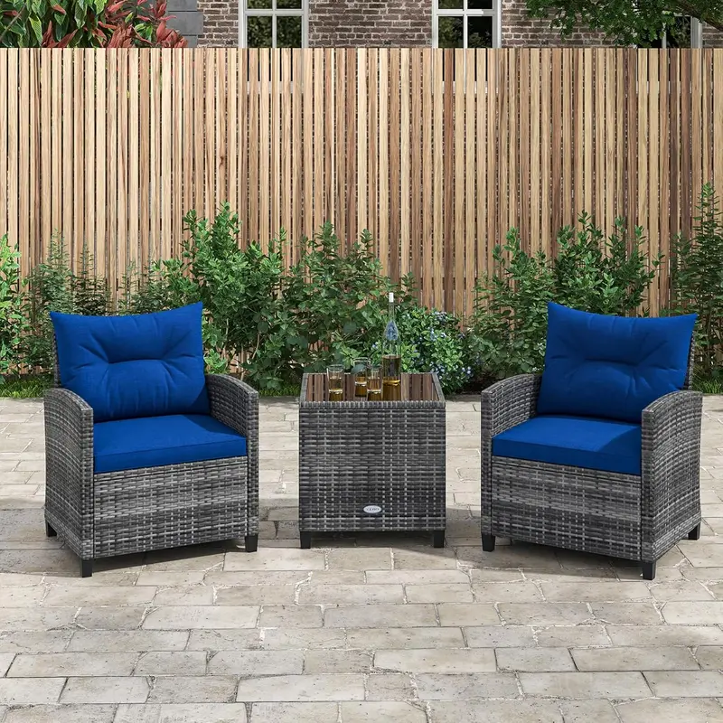 3 Pieces Outdoor Rattan Bistro Set, Patio Wicker Conversation Furniture Set with Cushions & Tempered Glass Tabletop, Metal Frame Garden Conservatory Sofa Table for Porch Balcony (Navy) 6