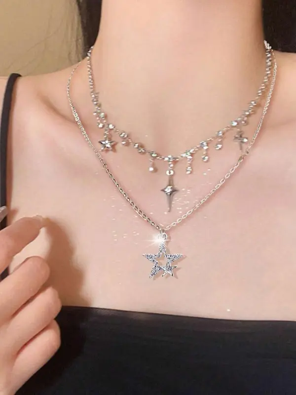 Punk Style Star Design Pendant Necklace & Chain Necklace, Fashion Dangling Jewelry for Party, Daily Clothing Decor, Trendy All-match & Exquisite Jewelry for Birthday Gift 2