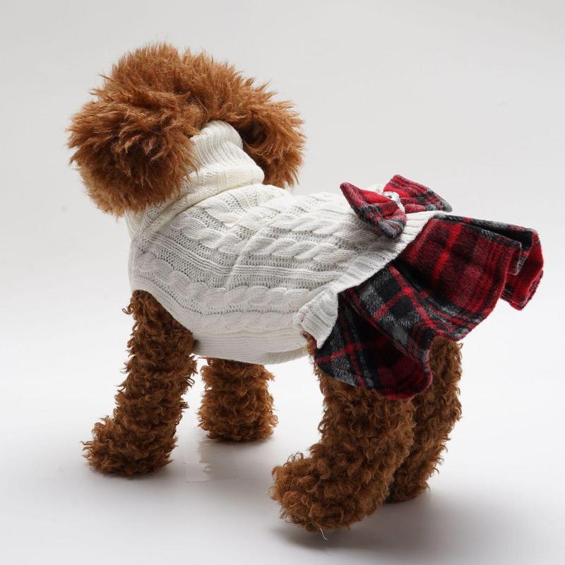 Dog & Cat Plaid Knitted Sweater Set, Cute Knitwear Sweater with Bow Decor, Pet Clothes for Small Medium Dogs & Cats 2