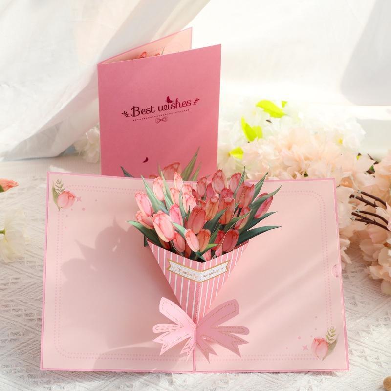 3D Tulip Pop-Up Card, 1 Count Creative Flower Design Greeting Card with Envelope, Birthday Gift for Mom, Mother's Day Gift 0