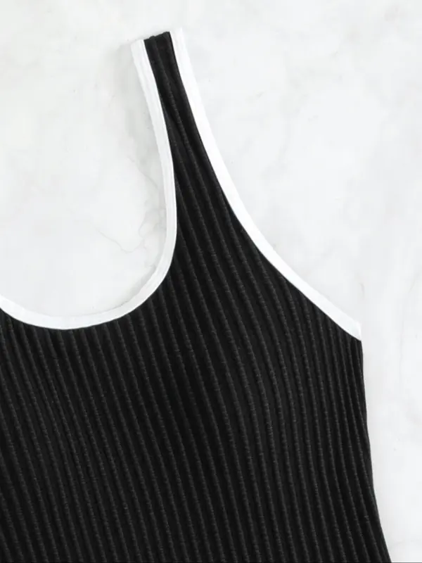 Women's Contrast Binding Ribbed One-piece Swimsuit, Solid Sleeveless Swimwear, Ladies One Piece Swimsuit for Summer Beach Holiday Vacation, Swim Bodysuit 4