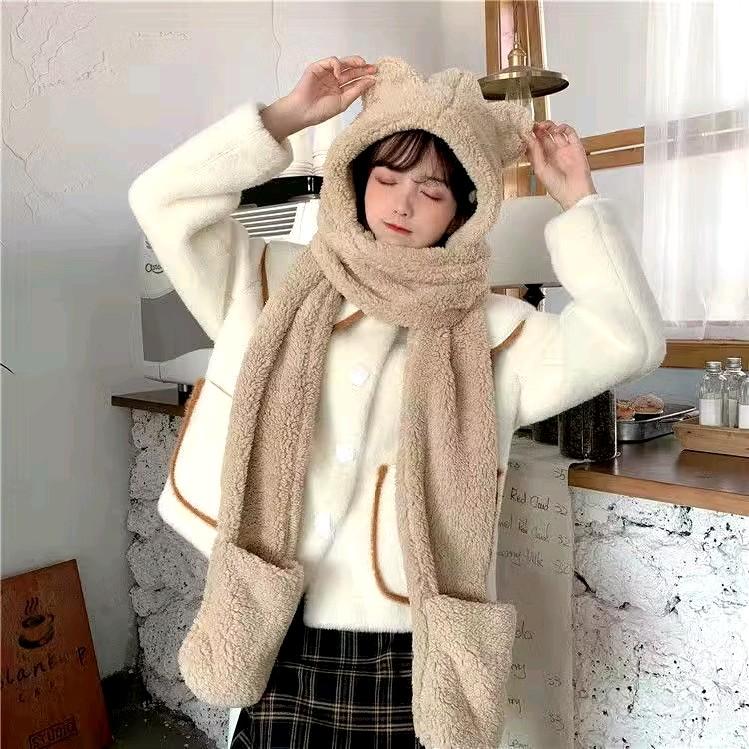 Mũ nón lông tai gấu kèm khăn quàng cổ bao tay 3 trong 1 ấm áp phong cách thời trang Hàn Quốc 5