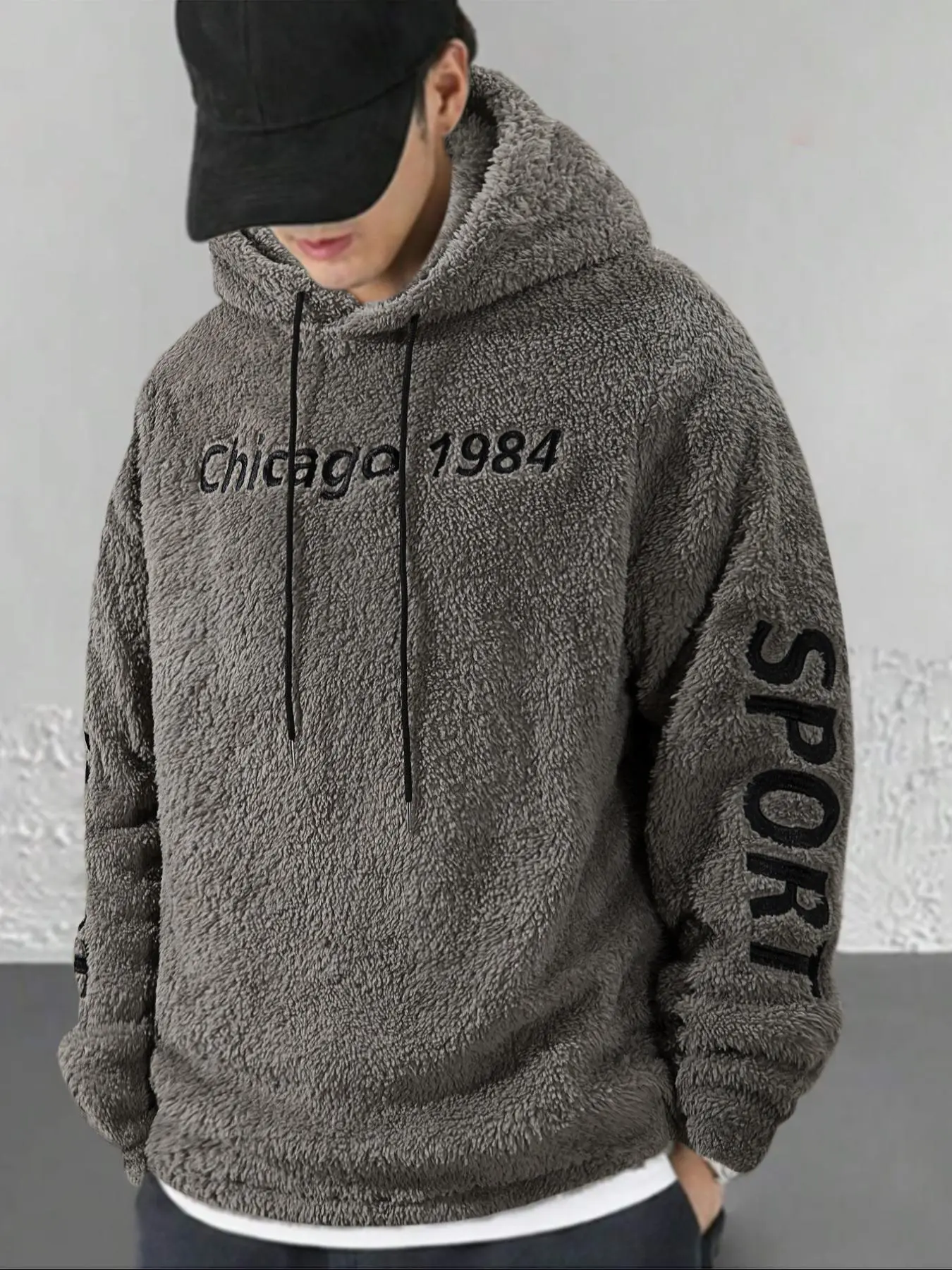 Men's Letter & Number Embroidery Plush Hoodie, Fashion Casual Regular Fit Drawstring Hooded Sweatshirt for Daily Holiday Outdoor Wear, Men Clothes for Fall, Mens Clothing