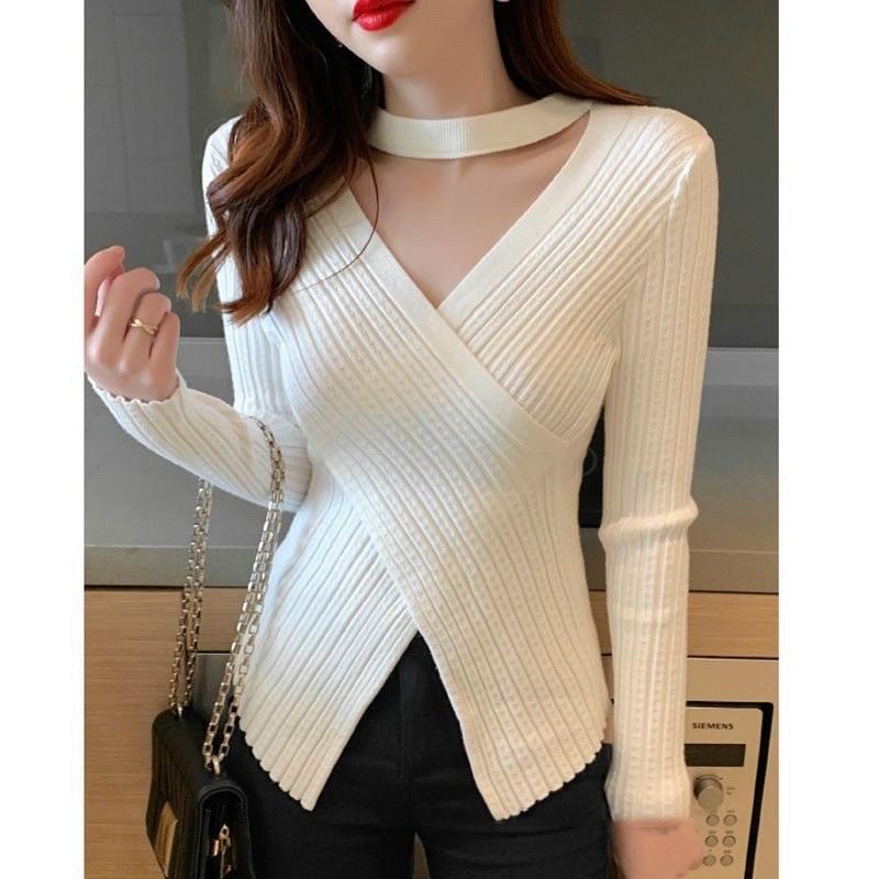 Áo len vạt chéo dây cổ tay dài nữ thiết kế sang chảnh dệt kim len gân dày dặn phong cánh Hàn Quốc trẻ trung cá tính