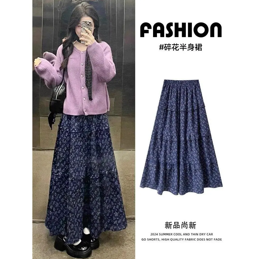 Chân Váy Midi Hoa, Phong Cách Cổ Điển Pháp, Dành Cho Nữ, Cạp Cao, Chân Váy Chữ A, Dài Trung Bình Che Hông, Màu Xanh Navy Và Màu Oải Hương, Thích Hợp Cho Mùa Xuân Và Mùa Thu