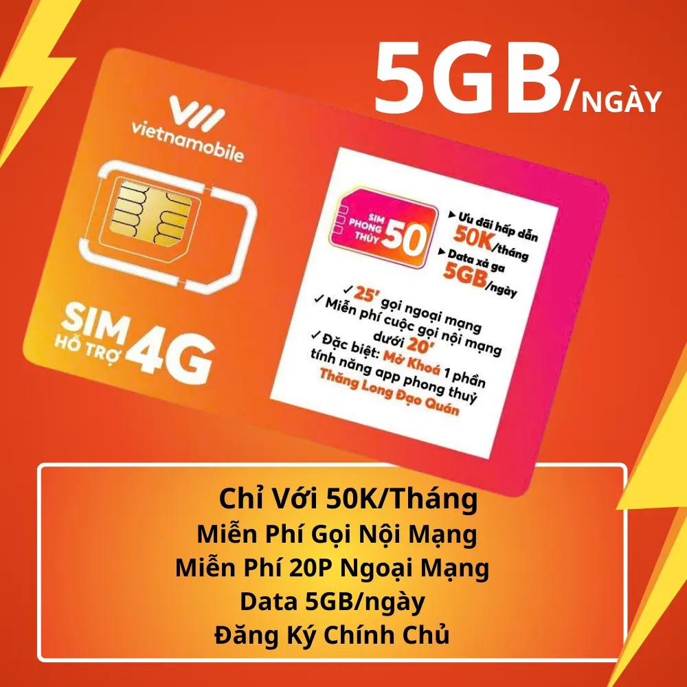 Sim Data 4G Vietnamobile (KHÔNG TẠO TK, KHÔNG FREE THÁNG ĐẦU) 5GB/Ngày (150GB/Tháng), Check sóng trước mua, ĐK chính chủ