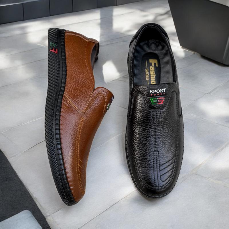 Giày lười, giày mọi nam da bò đế cao su khâu thủ công, giày dự tiệc trung niên mũi tròn