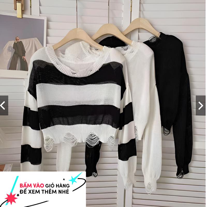 Áo Len Croptop áo len rách trễ vai Dài Tay Phối Kẻ Ngang - TQKA192 Nữ Women Sọc Kẻ Trắng Cổ Tròn áo len rách  croptop áo  len