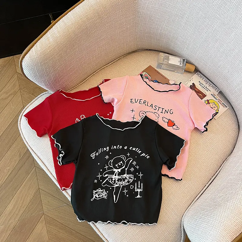 2025 Summer New Fashion Letter Top for Baby Girls, Children's Bear Print Base Shirt, Sweet Girl's T-Shirt thneed  girl  shirt