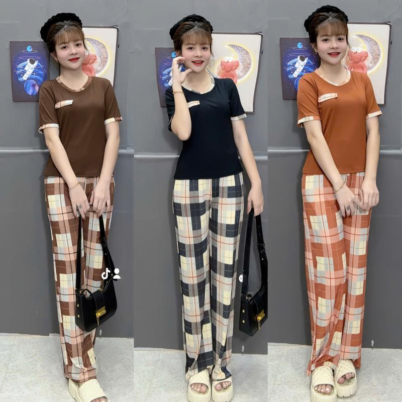 Set Bộ Biggsize Quần Ống Suông Caro Kèm Áo Thun Cổ Tròn Tay Ngắn Chất Vải Thun Gân Tăm Lạnh