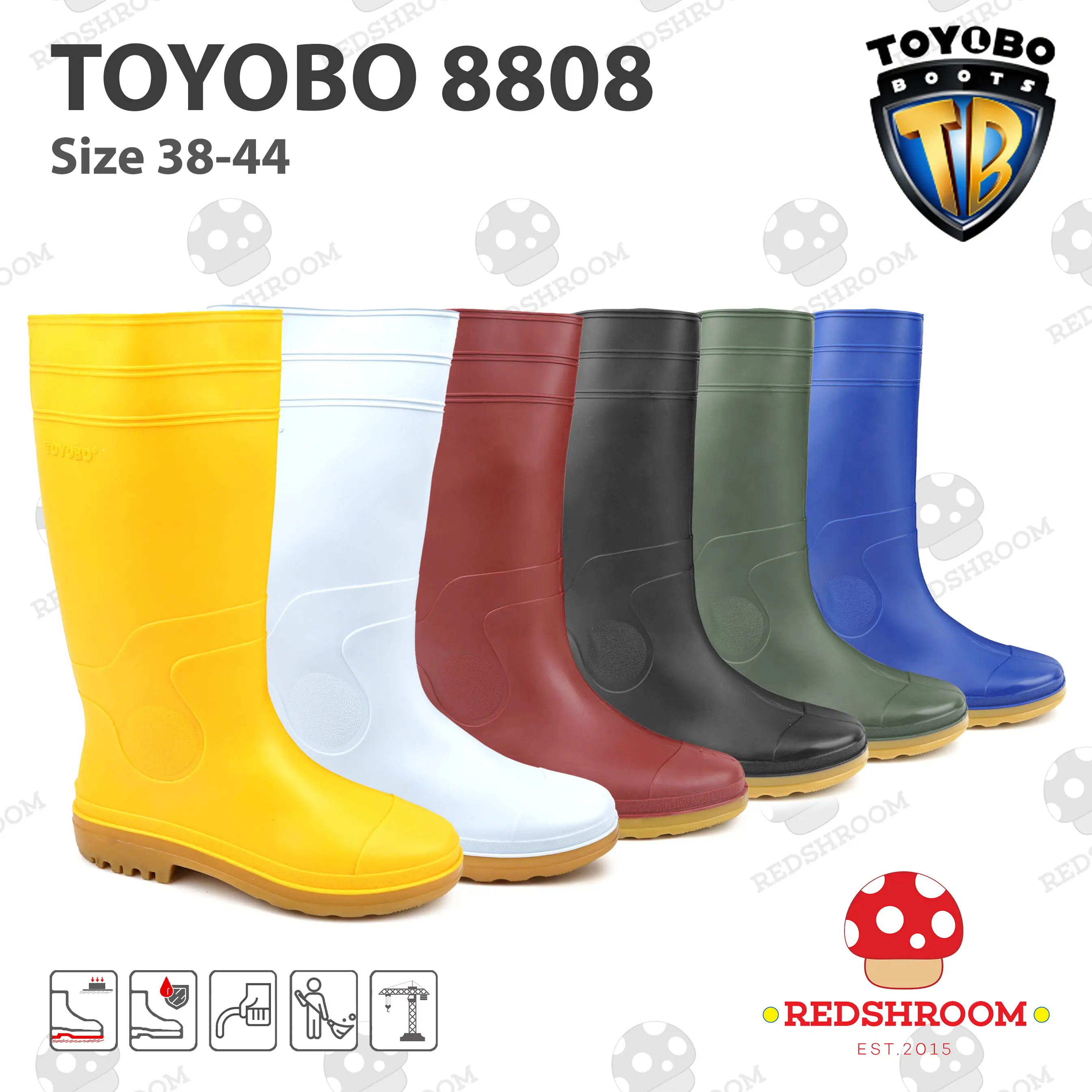 Sepatu Boot Tinggi TOYOBO 8808 Putih Maroon Kuning Hijau Biru Hitam Karet Lokal Lentur Anti Slip Air