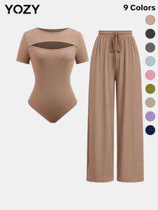 Yozy Cut Out Bodysuit & Drawstring Waist Pants Set, Co Ords Sets, Casual Solid Short Sleeve Top & Comfy Ribbed Wide Leg Pants Set, Women's Daily Wear for Spring & Summer, Curvy Autumn Outfits