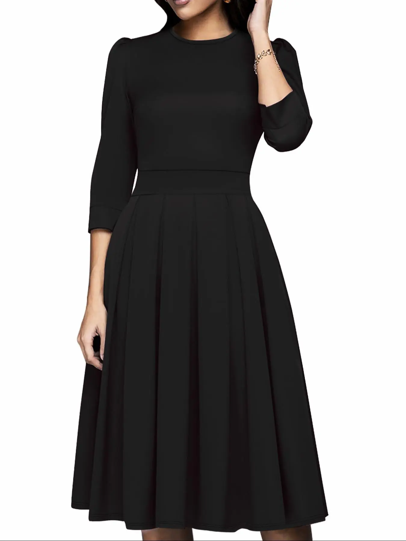 Women's Plain Pocket Dress, Elegant 3/4 Sleeve Round Neck Dress for Party Wedding Guest, Ladies Clothes for All Seasons