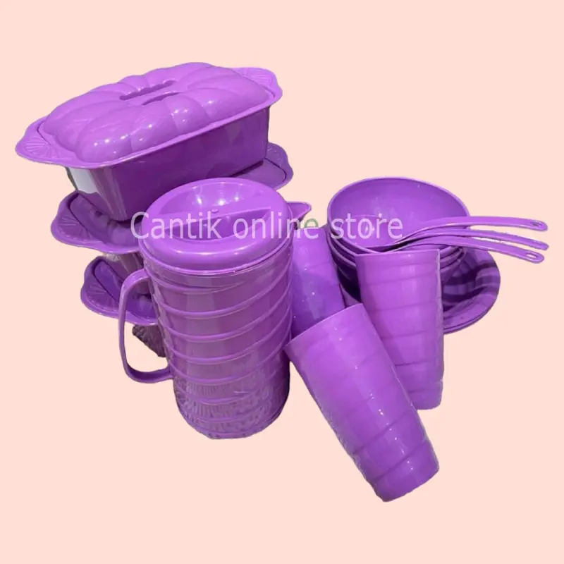 Prasmanan set isi 16 Pcs (3 Basi segi+3 Piring Makan+3 Mangkok+3 Gelas Ulir) Free Teko ulir BONUS 3 pcs Centong sayur Plastik 6