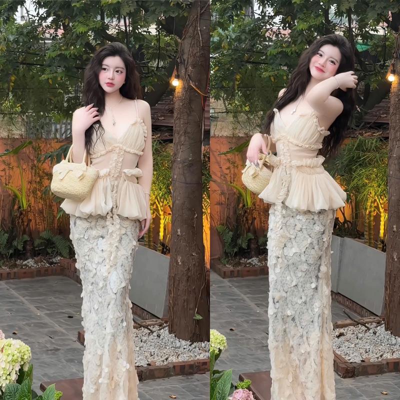 Set A86 (áo + chân váy) áo tơ chân váy bling đuôi cá dài