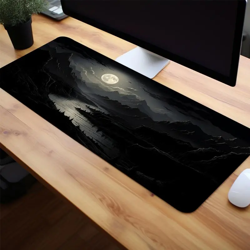 Moon & Mountain Pattern Mouse Pad, Large Gaming Mouse Pad, Office Desk Accessories Non-slip Rubber Base Stitched Edge Desk Pad For Home Office Game 4