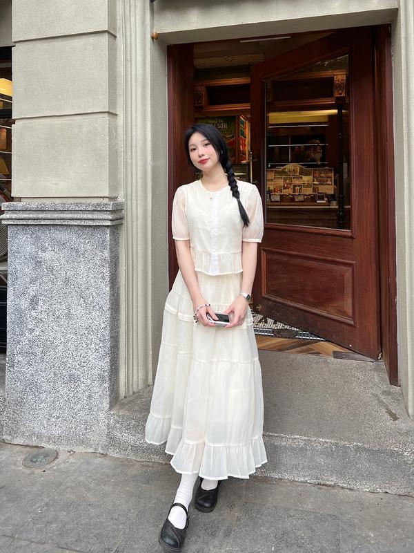 29feb.closet Set Áo Tay Ngắn Kèm Chân Váy Nhiều Tầng Dáng Xoè Dài Chất Tơ Sần Dịu Dàng Tiểu Thư - S166a Nữ Women Top Kem