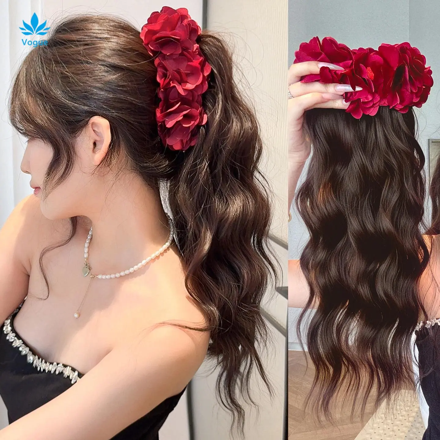 Rambut Palsu Ekor Kuda dengan Klip Pisang, Rekaan Vogue Mawar, Rambut ...