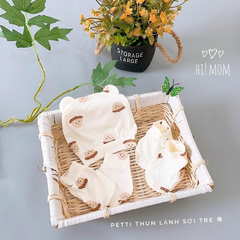 Set Bao Tay, Bao Chân, Mũ Pettit- Cho Bé Trai Bé Gái Sơ Sinh hoạ Tiết Gấu Thỏ (  túi lưới) Cotton